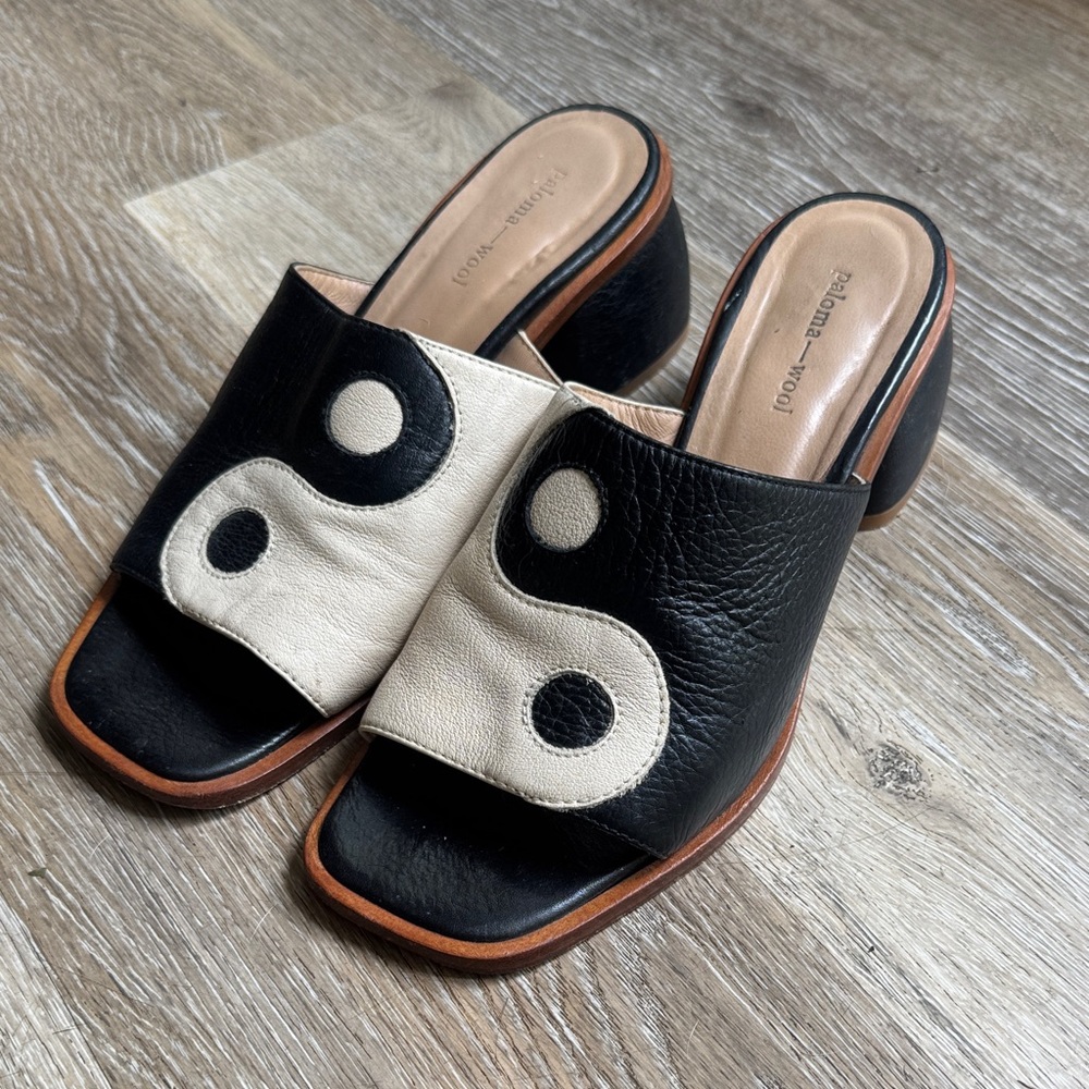 Paloma Wool Black & Cream Yin Yang Leather Mule Heels